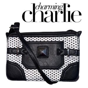 CHARMING CHARLIE Faux Leather Crossbody Purse Black White Perforated Bag Handbag